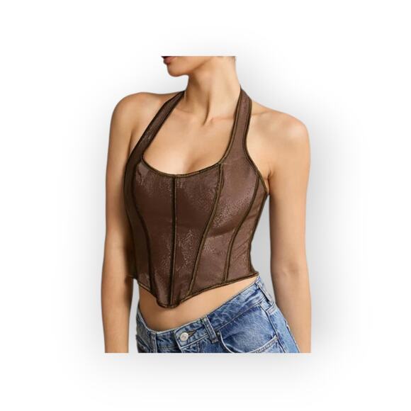 Micas Brown Faux Leather Snakeskin Lace-Up Corset Top – Size L - Picture 6 of 7